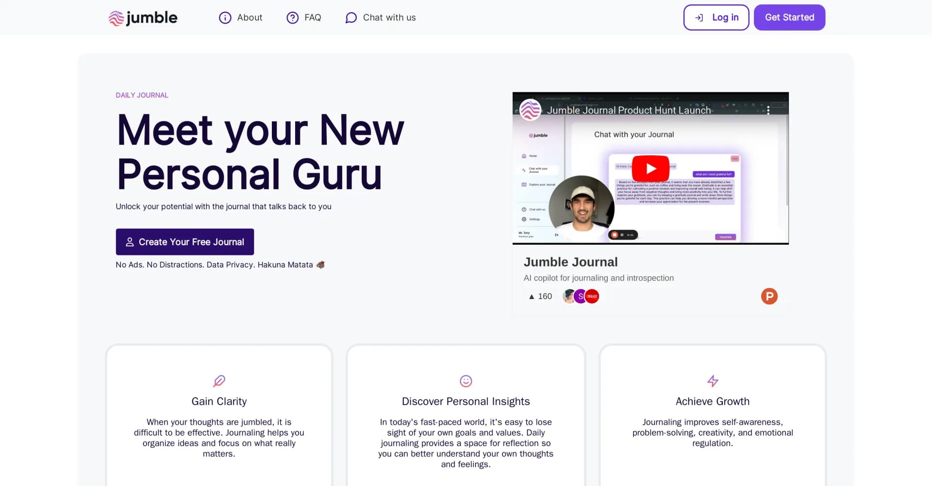 Jumble Journal homepage screenshot — Enhancing self-awareness and growth using journaling