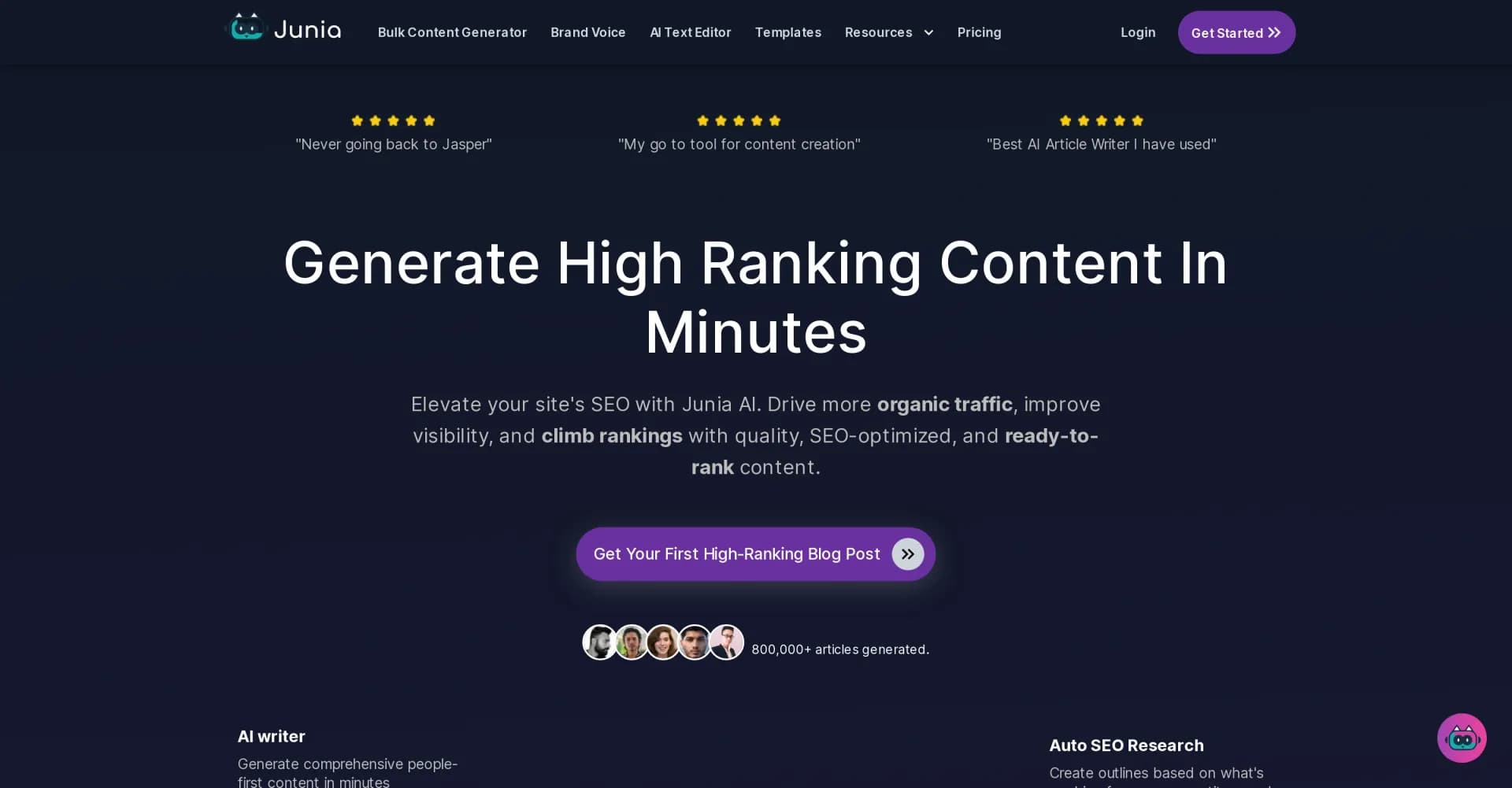 Junia homepage screenshot — AI-powered SEO content that ranks.