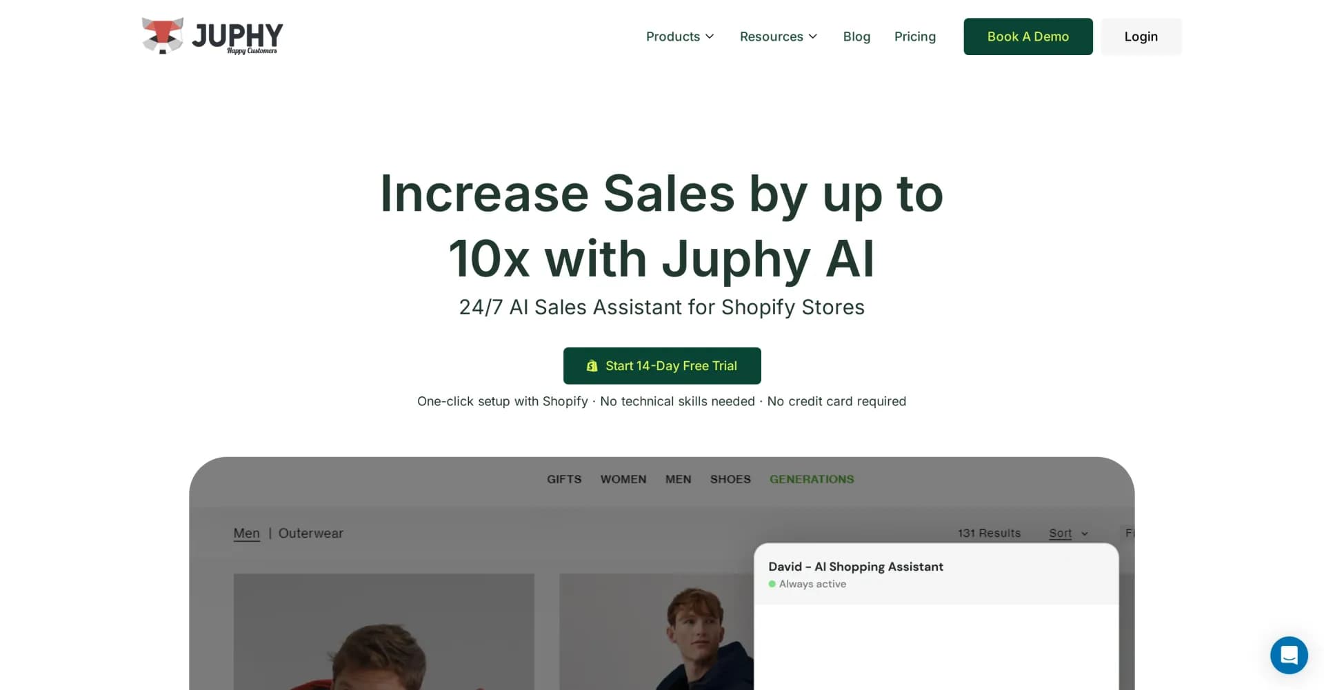 Juphy homepage screenshot — Boost sales with 24/7 AI shopping assistance