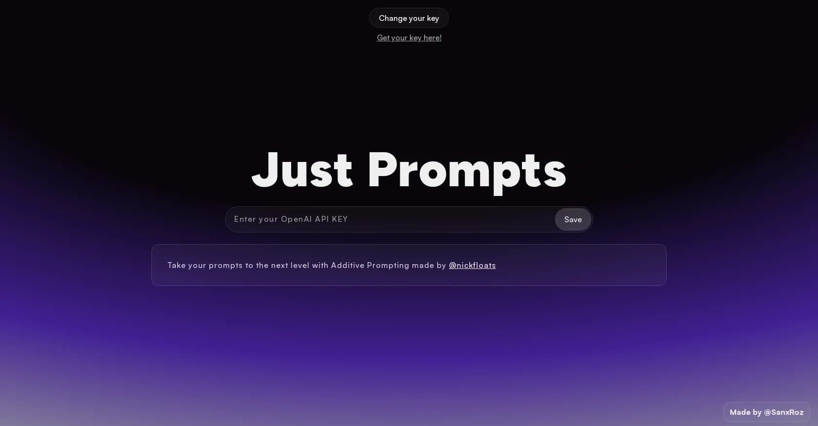 Just Prompts homepage screenshot — Elevate your prompts with Additive Prompting.