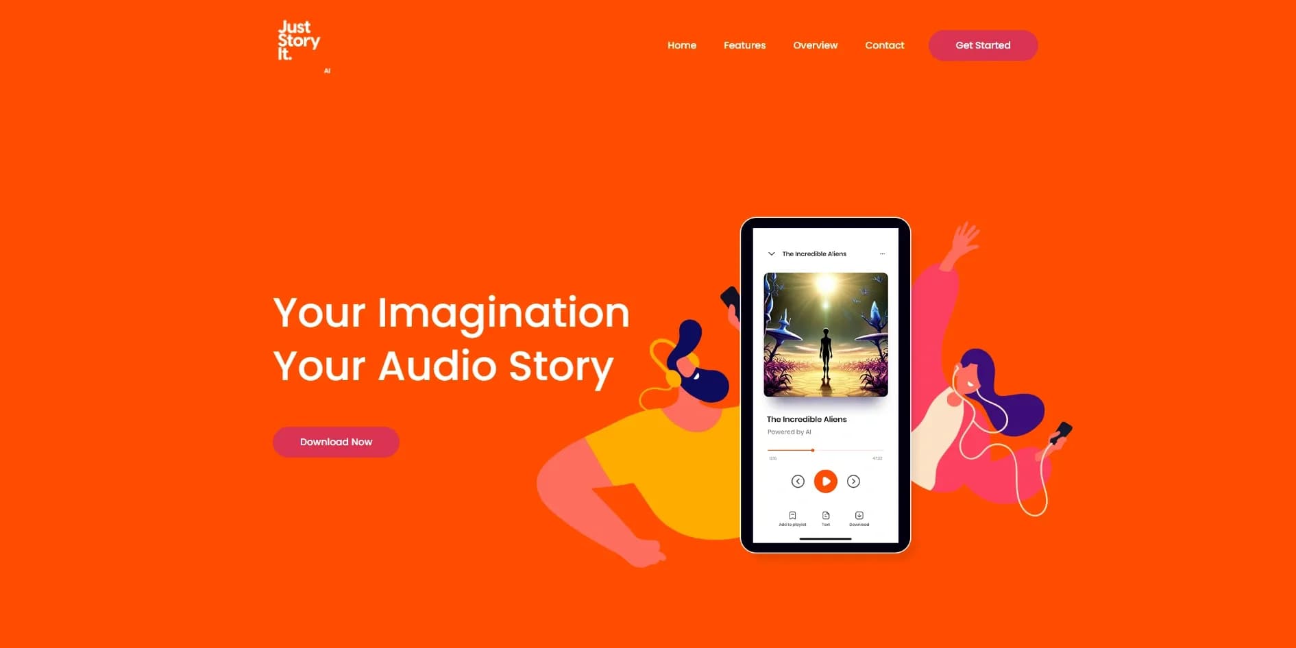 Just Story It homepage screenshot — Turn your ideas into AI-generated audio stories.
