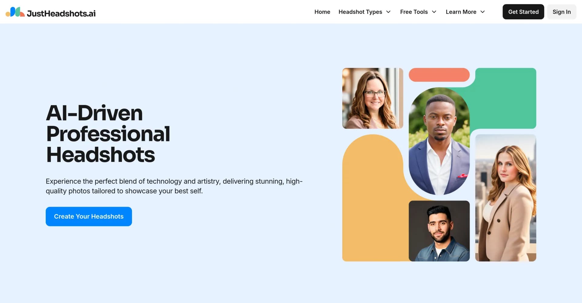 JustHeadshots.ai homepage screenshot — Instant studio-quality headshots with AI