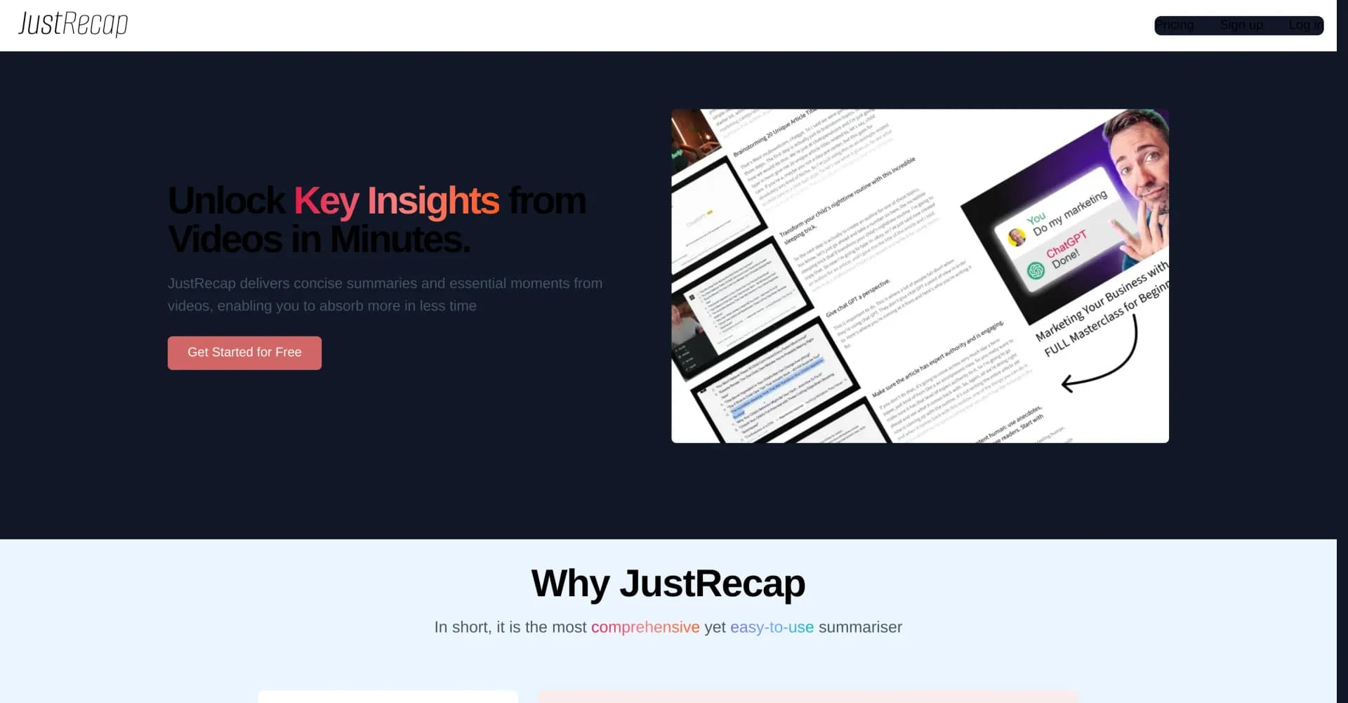 JustRecap homepage screenshot — Unlock key insights from videos in minutes