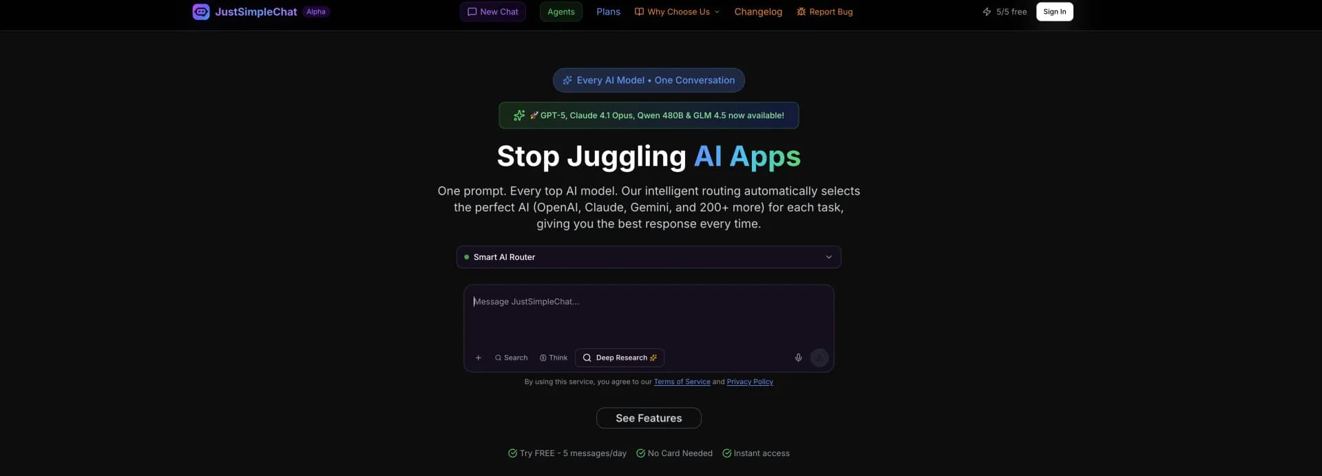 JustSimpleChat homepage screenshot — Every AI model, one platform.