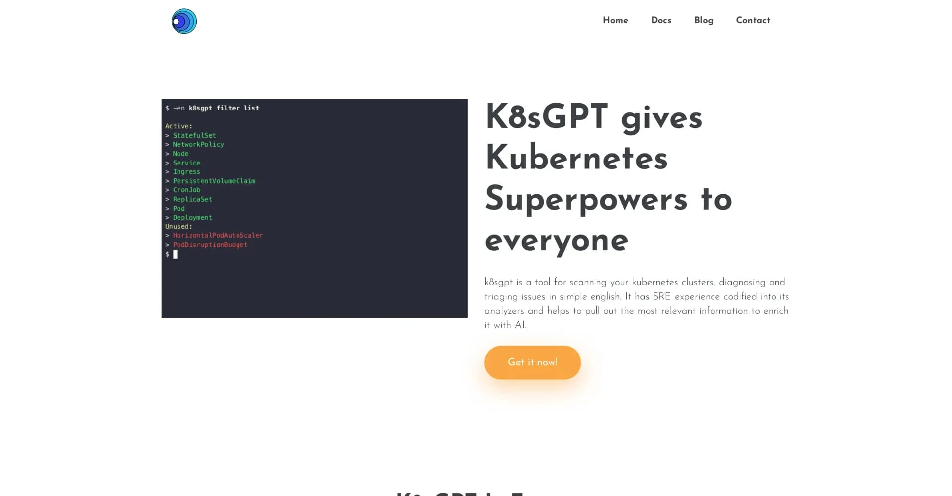 K8sGPT homepage screenshot — AI-powered Kubernetes diagnostics and triage