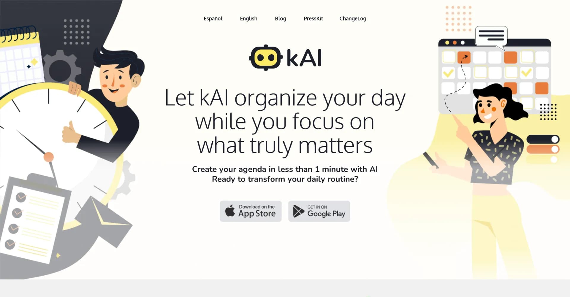 kAI KGApps homepage screenshot — AI-powered task organizer for focused productivity