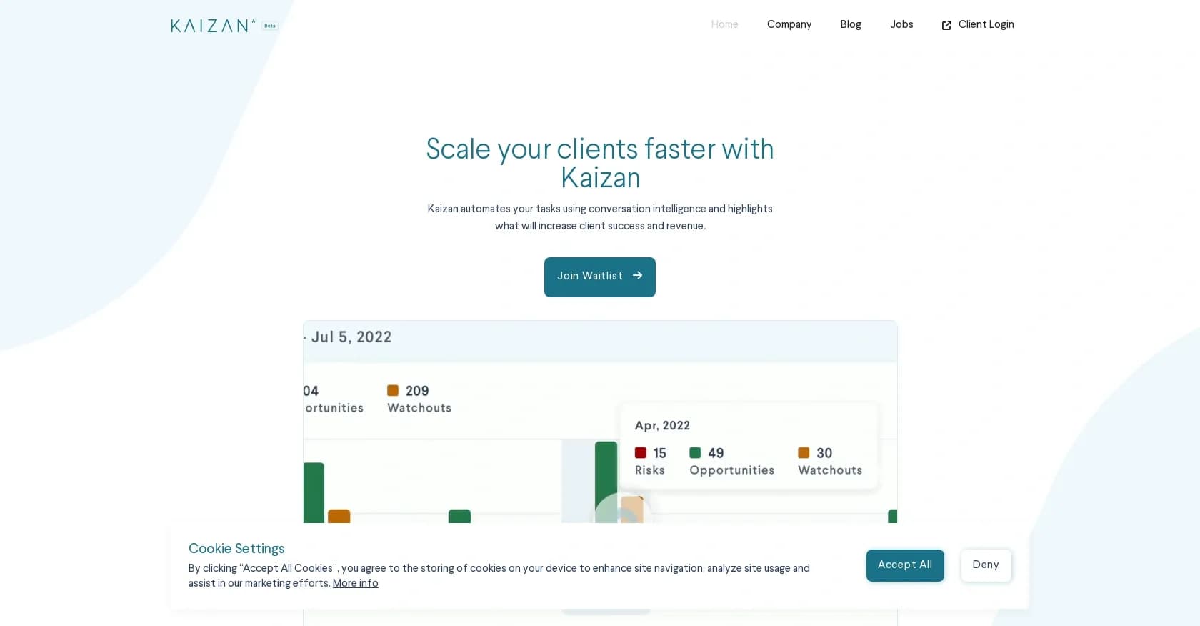 Kaizan homepage screenshot — Scale clients faster with AI-powered relationship management