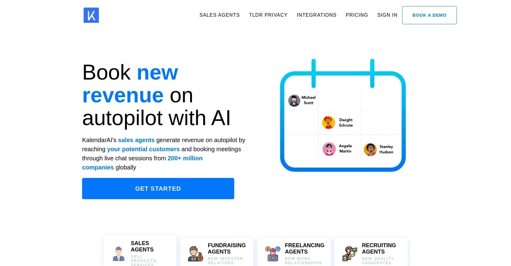 Kalendar homepage screenshot — Book new revenue on autopilot with AI sales agents