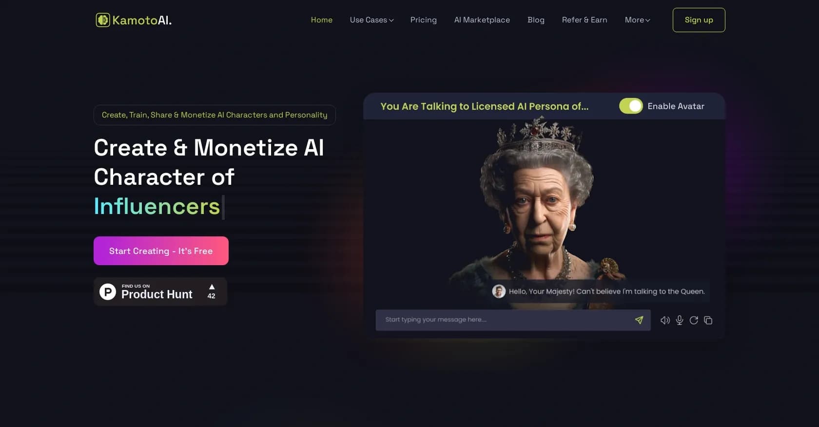 Kamoto homepage screenshot — Create, train, and monetize AI characters and personalities.