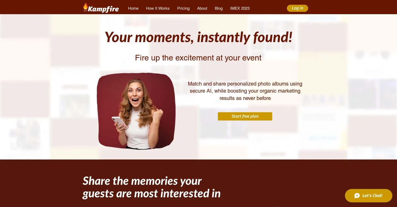 Kampfire homepage screenshot — Personalized photo sharing for events using secure AI