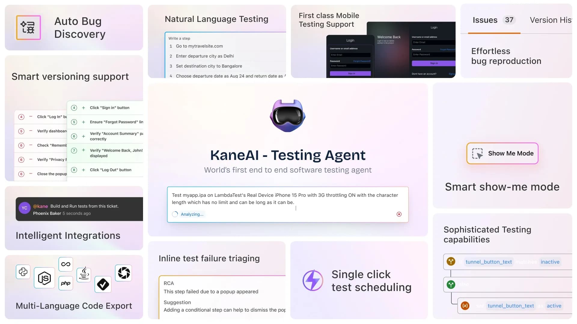 Kane AI homepage screenshot — World’s first end to end software testing agent built on mod