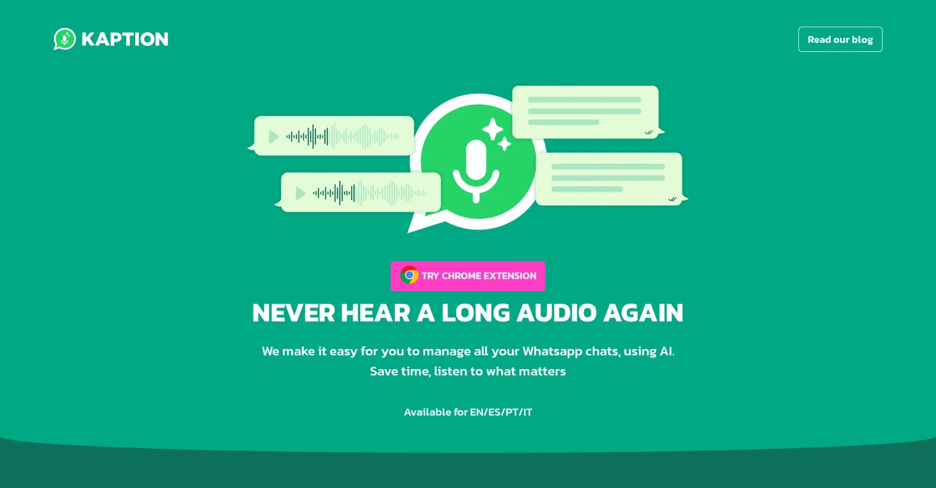 KaptionAI homepage screenshot — Transcribe WhatsApp audio to text effortlessly