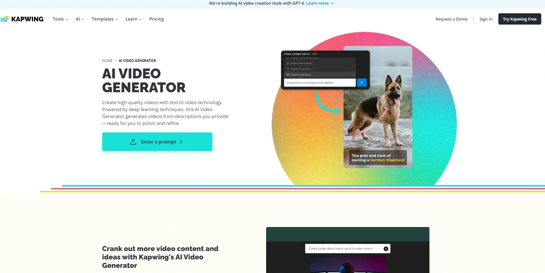 Kapwing homepage screenshot — High-quality videos generated with advanced tech.
