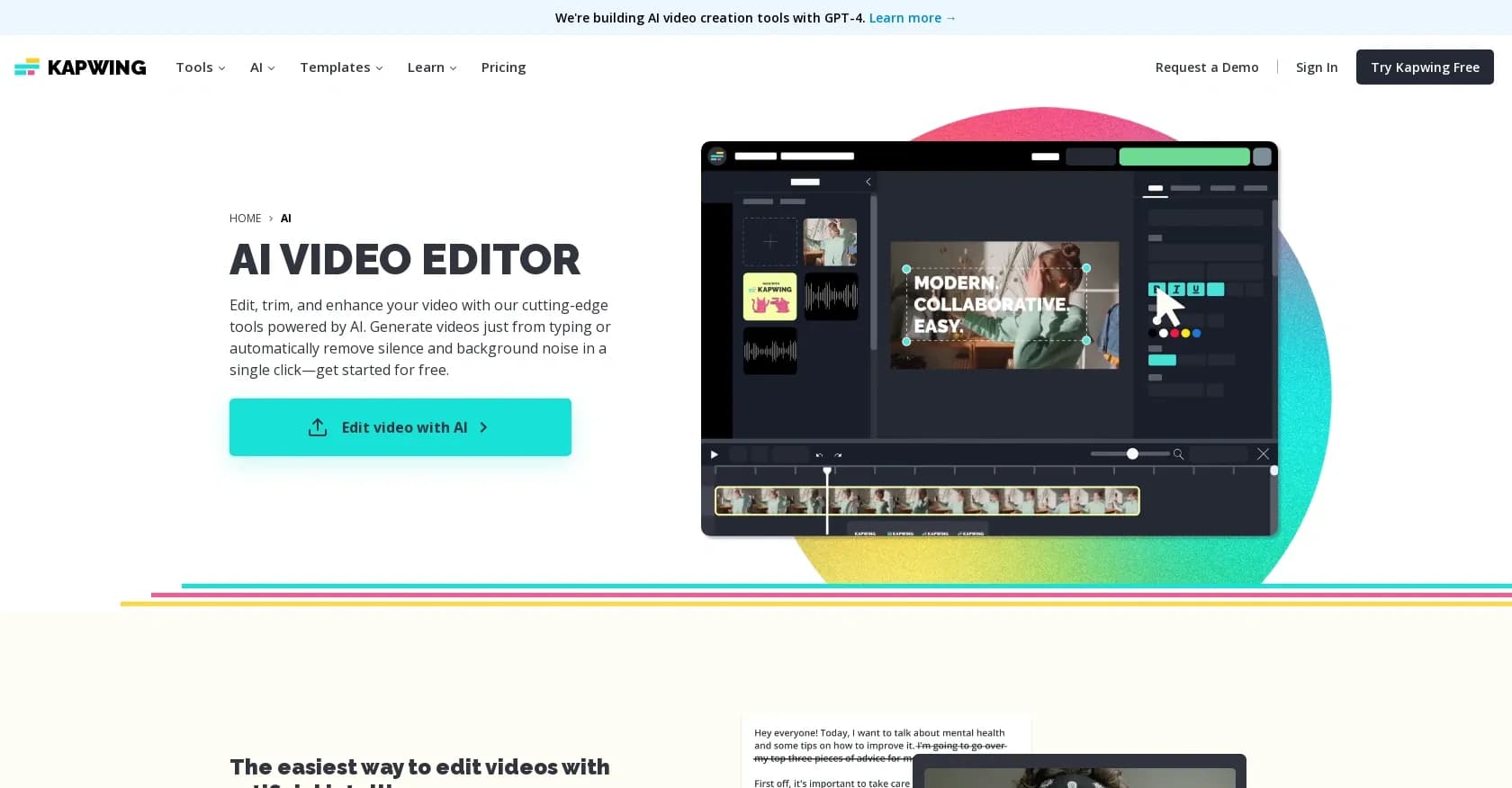 Kapwing Video Editor homepage screenshot — Create videos effortlessly with AI-powered editing