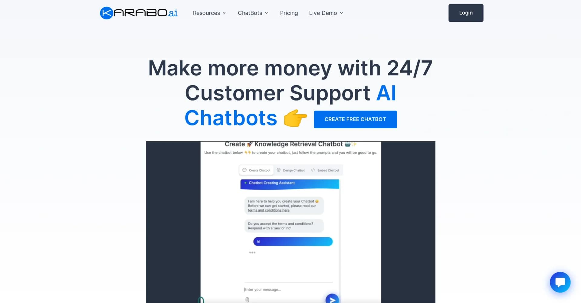 KaraboAI homepage screenshot — Create custom AI chatbots in minutes.