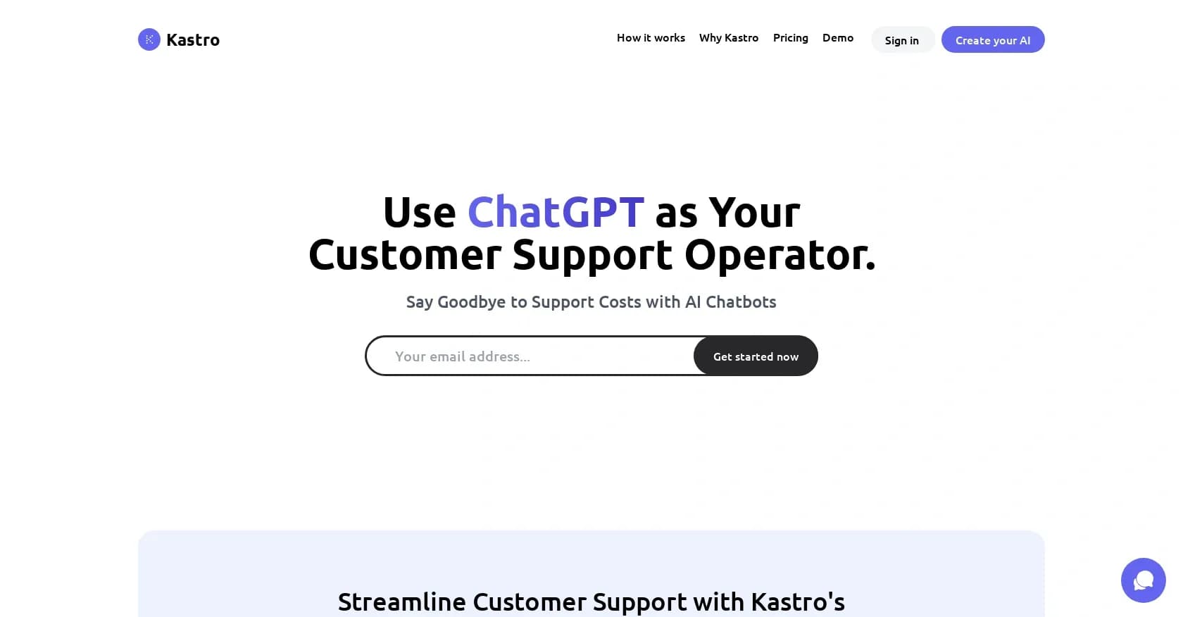 Kastro Chat homepage screenshot — ChatGPT-powered AI for instant customer support