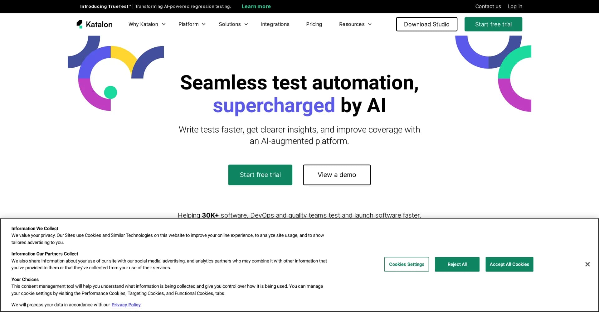 Katalon homepage screenshot — AI-powered software quality management for all teams