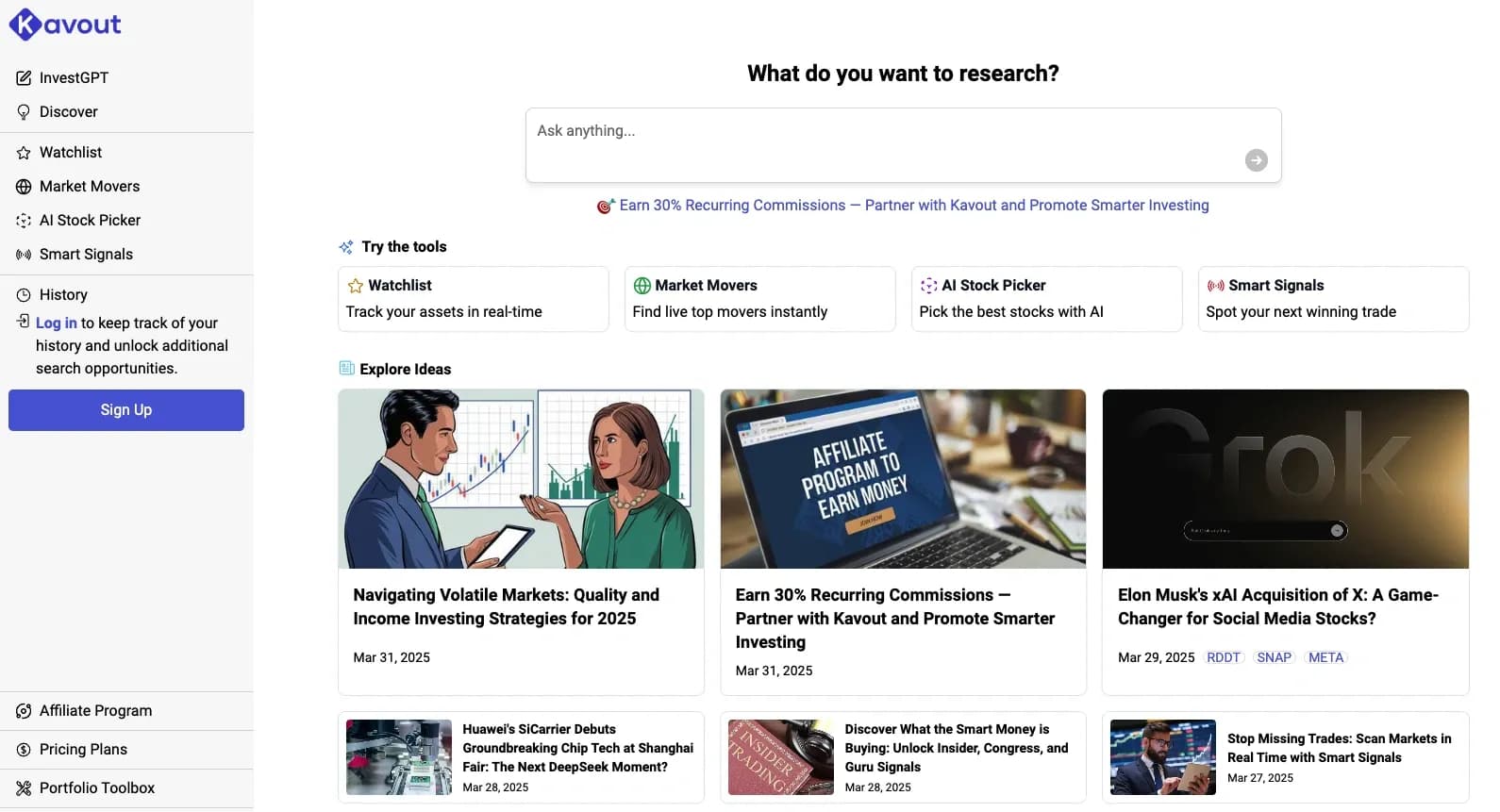 Kavout homepage screenshot — AI-powered stock market insights and analysis.