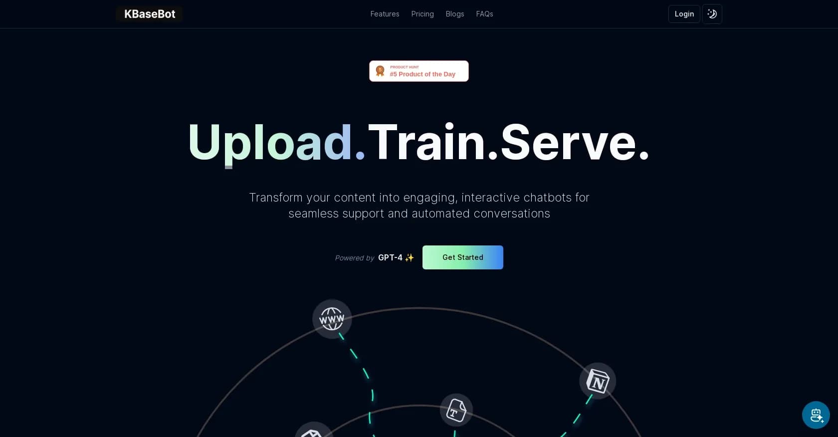 KBaseBot homepage screenshot — Transform content into interactive chatbots.