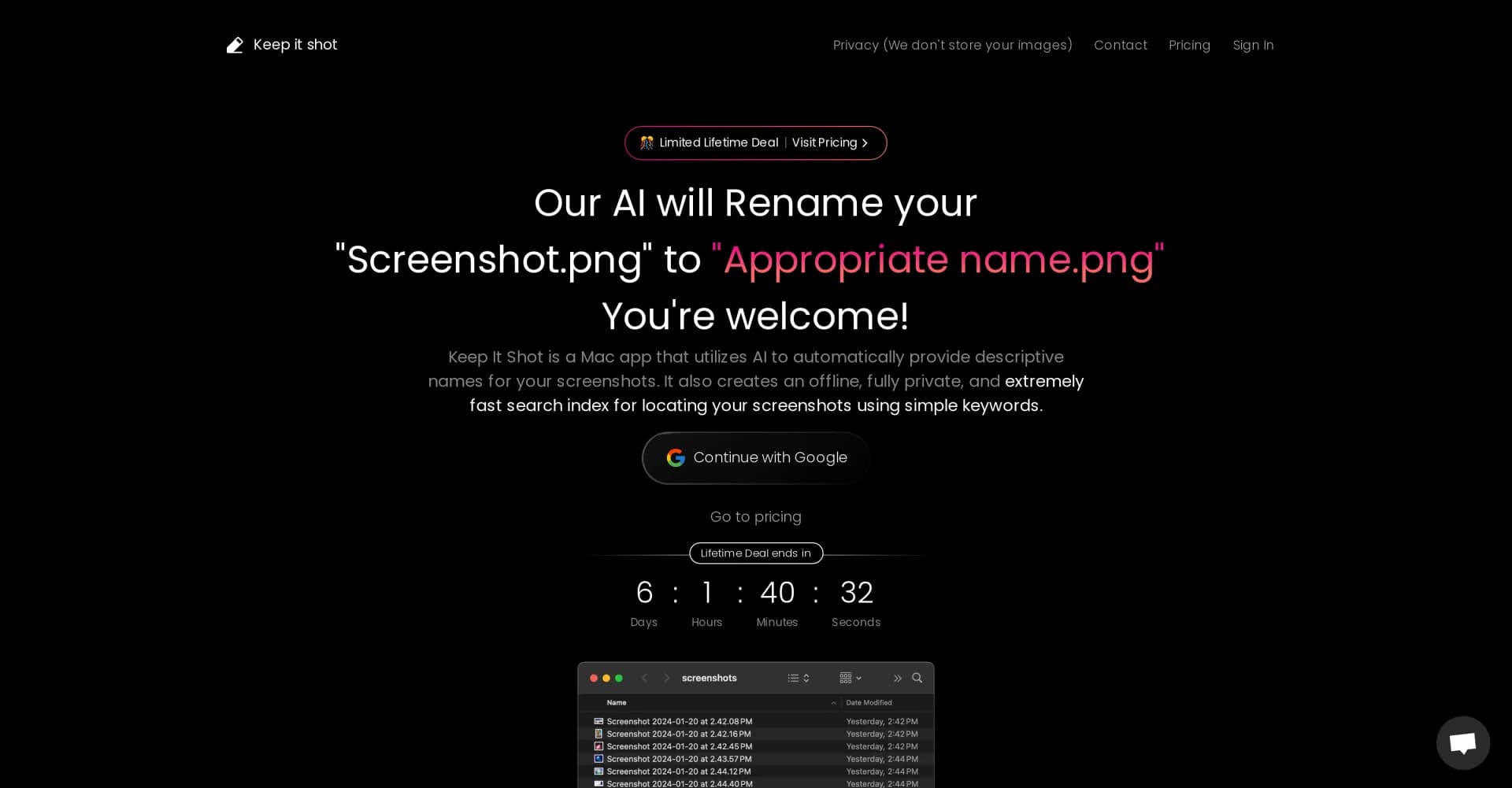 Keep It Shot homepage screenshot — AI-powered screenshot organization for Mac users.