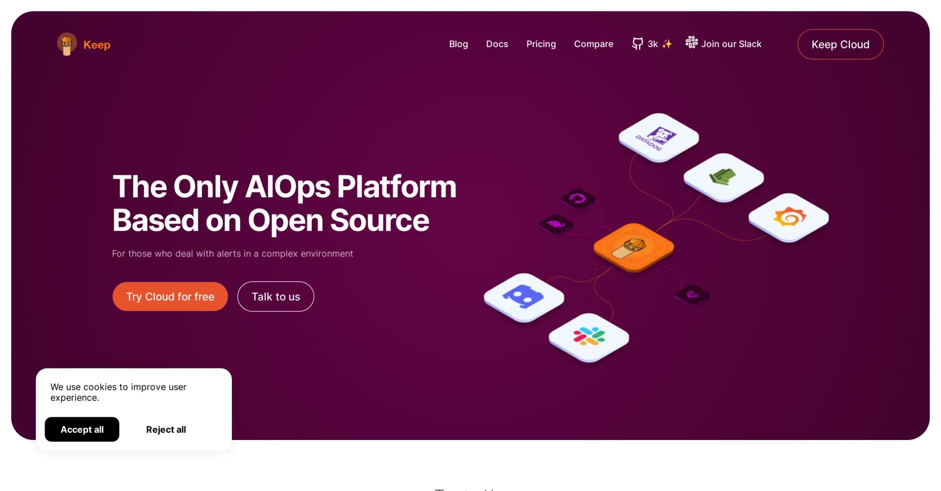 KeepHQ homepage screenshot — Turn thousands of alerts into meaningful actions.