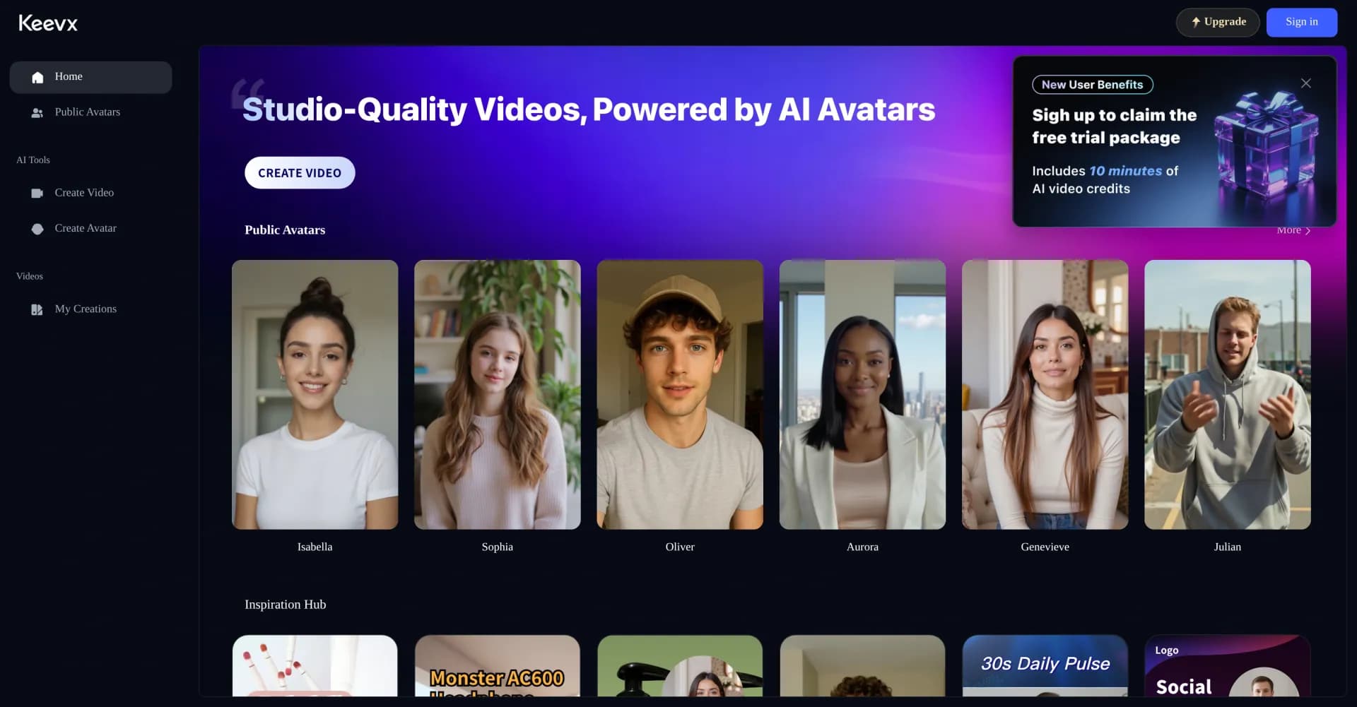 Keevx homepage screenshot — Create professional AI avatar videos in seconds — no studio 