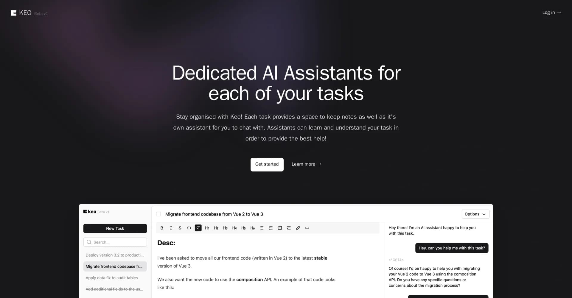 Keo Dev homepage screenshot — Your dedicated AI assistant for every task.