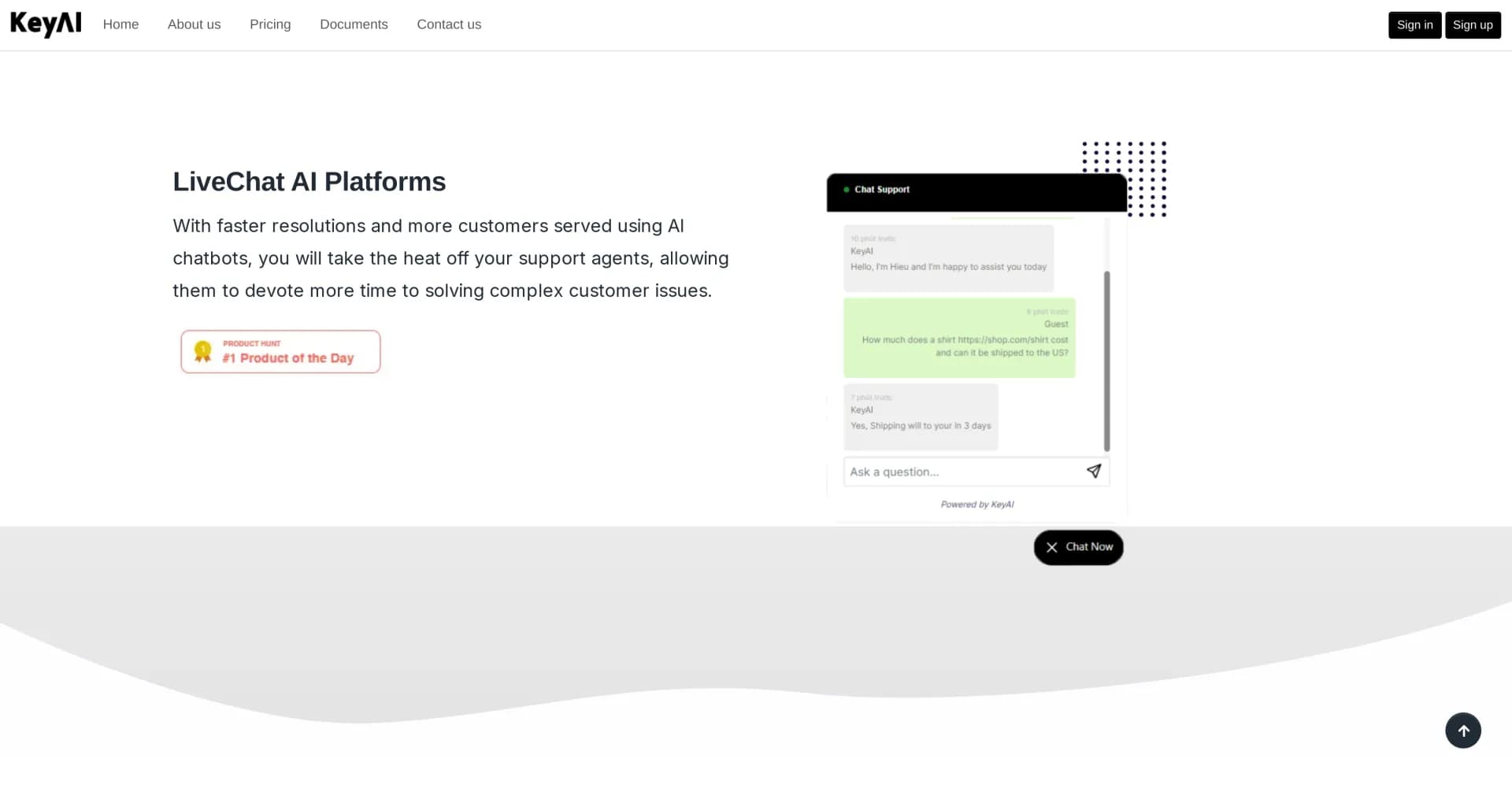 KeyAI homepage screenshot — AI chatbots for faster customer support