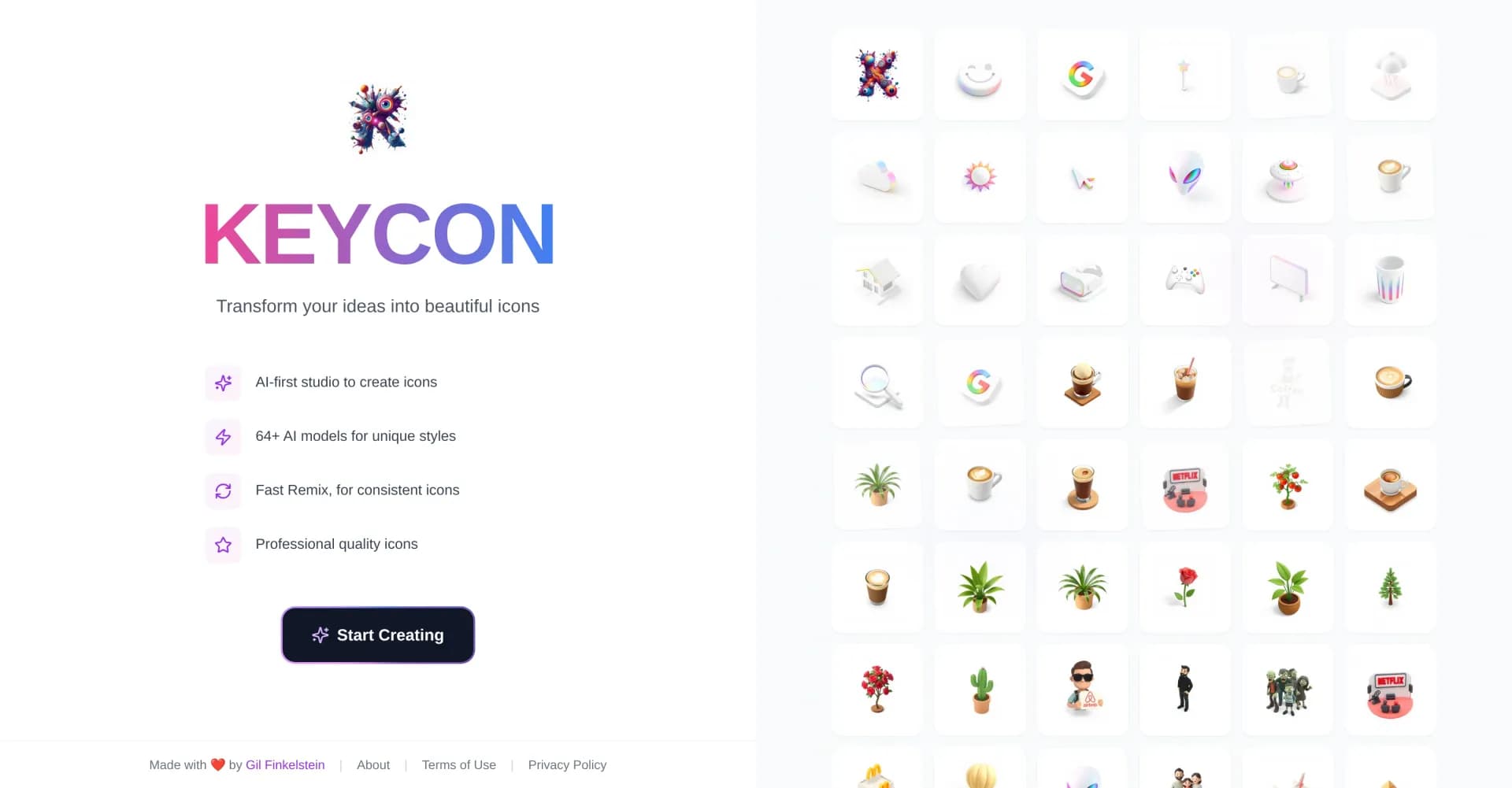 Keycon homepage screenshot — Transform ideas into stunning icons with AI.
