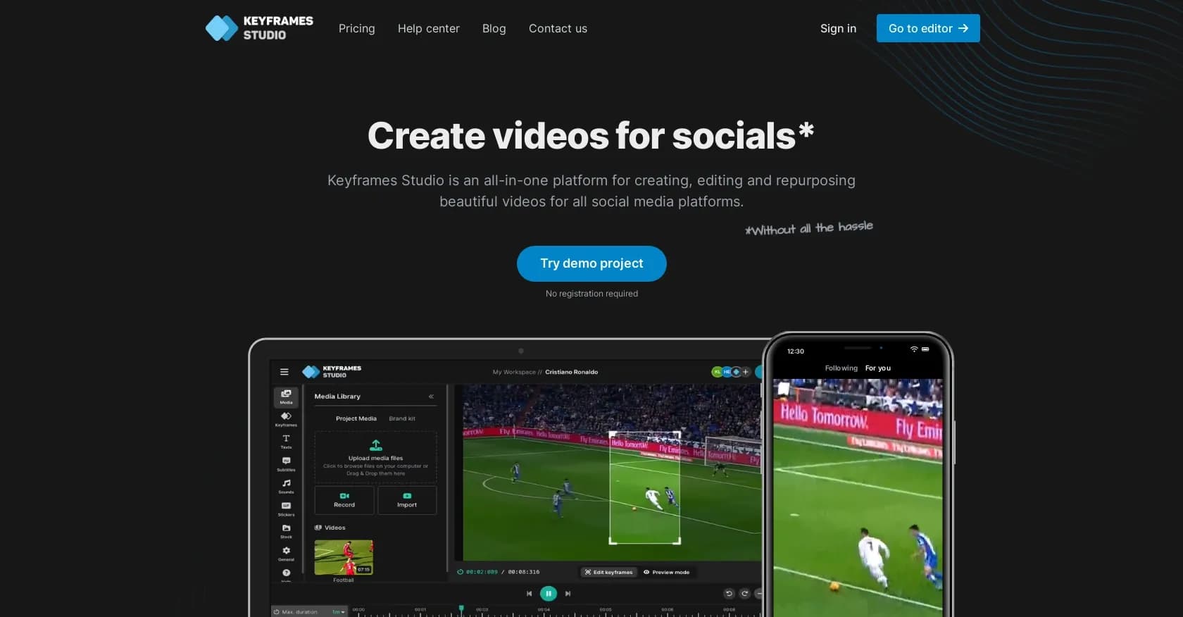 Keyframes.studio homepage screenshot — Create social media videos in minutes, hassle-free.