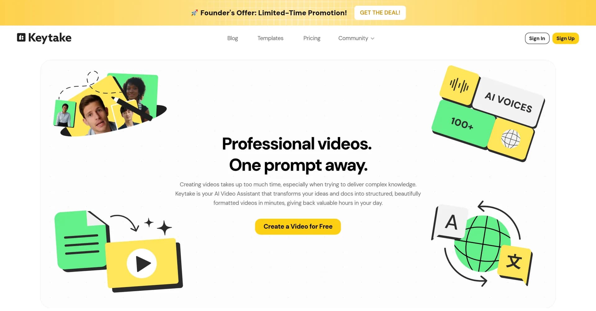 Keytake - AI Video Editorv1.1 homepage screenshot — Professional videos, one prompt away.