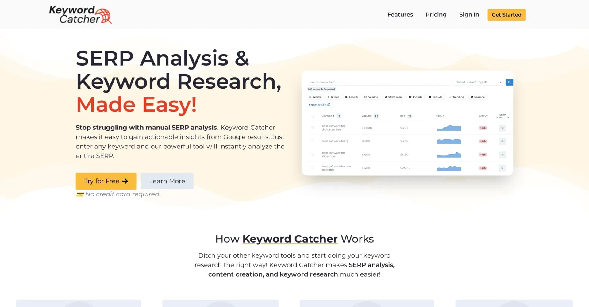 Keyword Catcher homepage screenshot — One-click SERP analysis for actionable insights