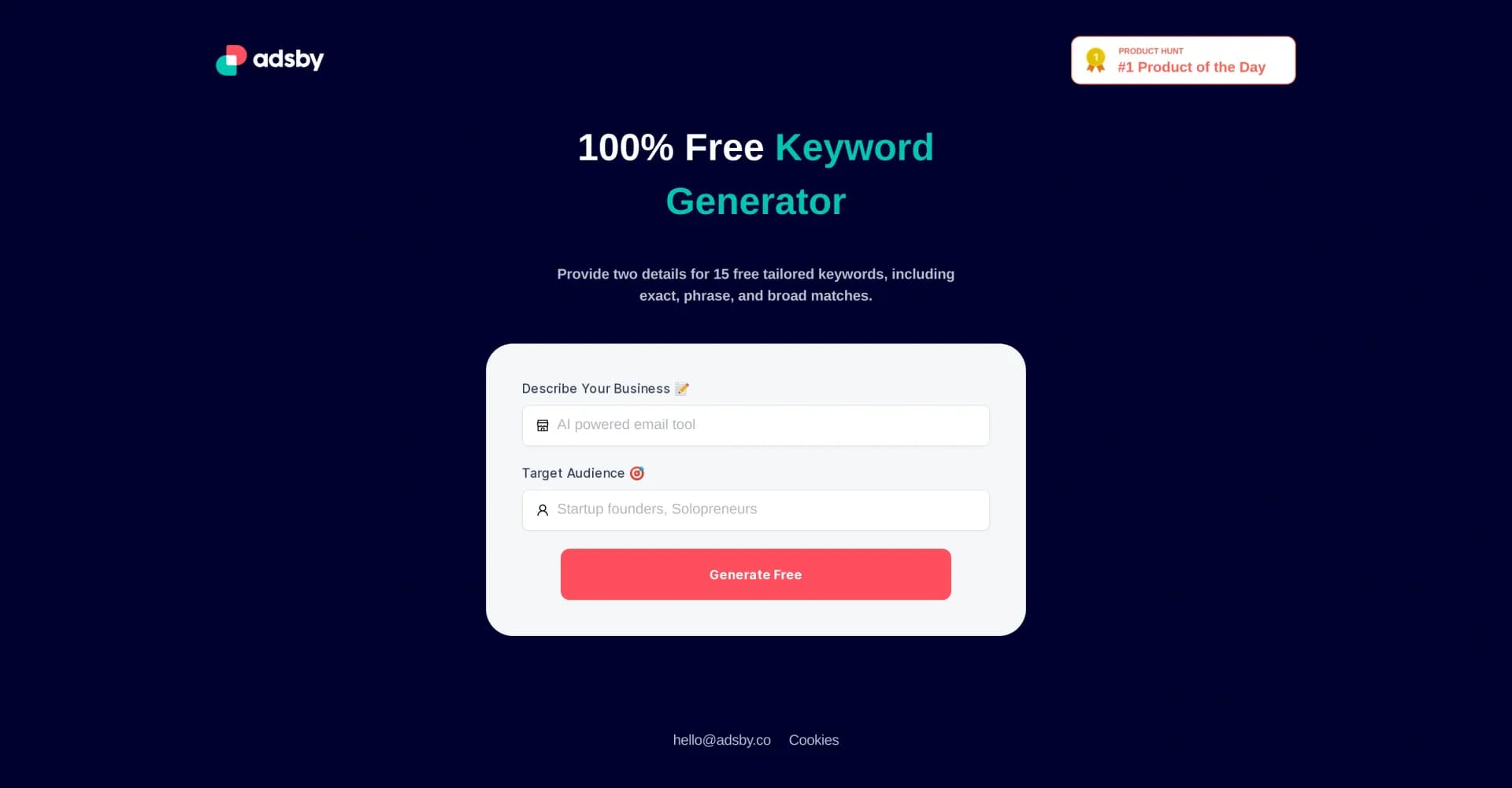 Keyword Generator by AdsBy homepage screenshot — Generate Google Ads keywords for free with AI