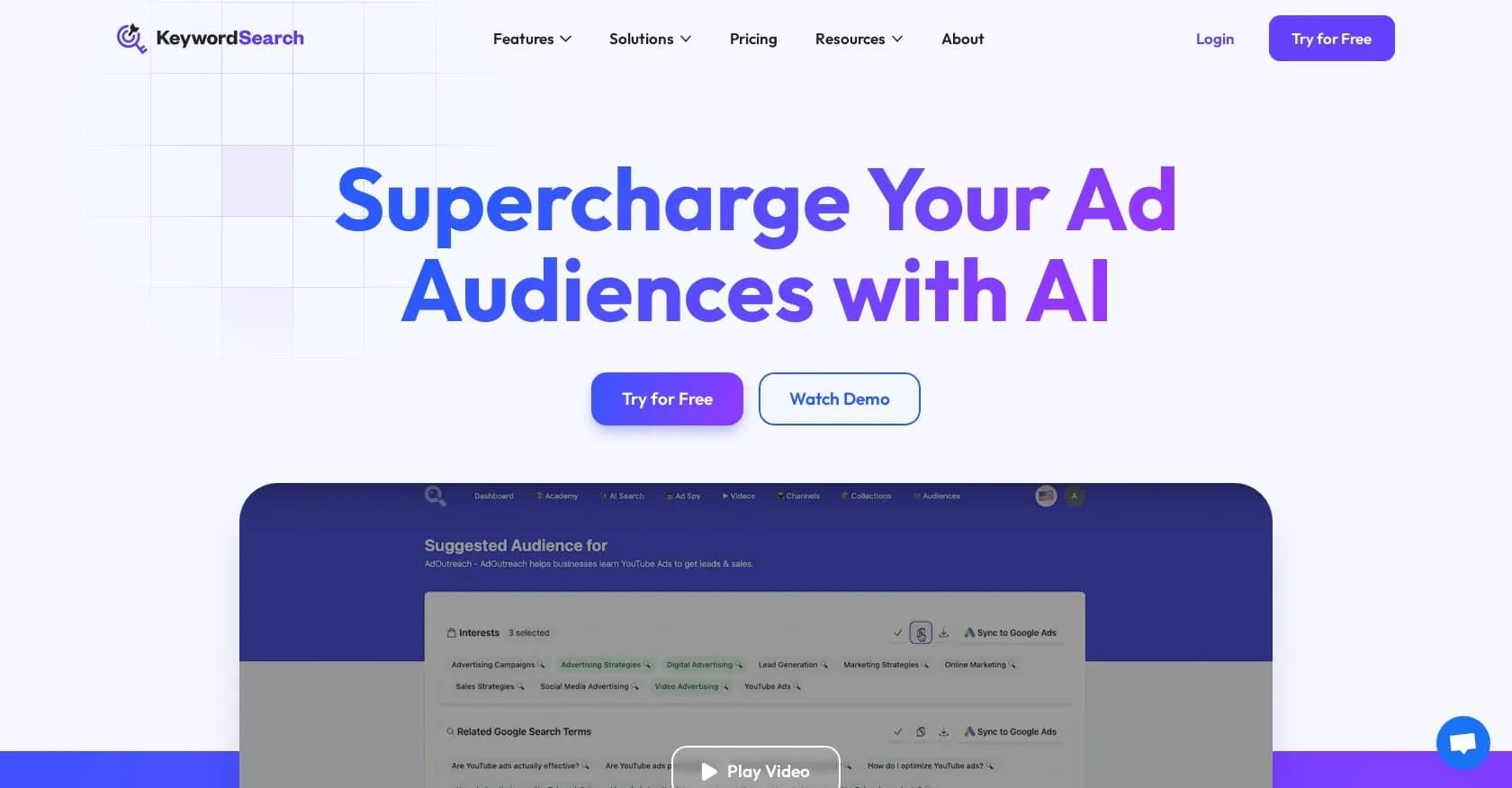 KeywordSearchv2.1 homepage screenshot — Discover and target YouTube audiences.