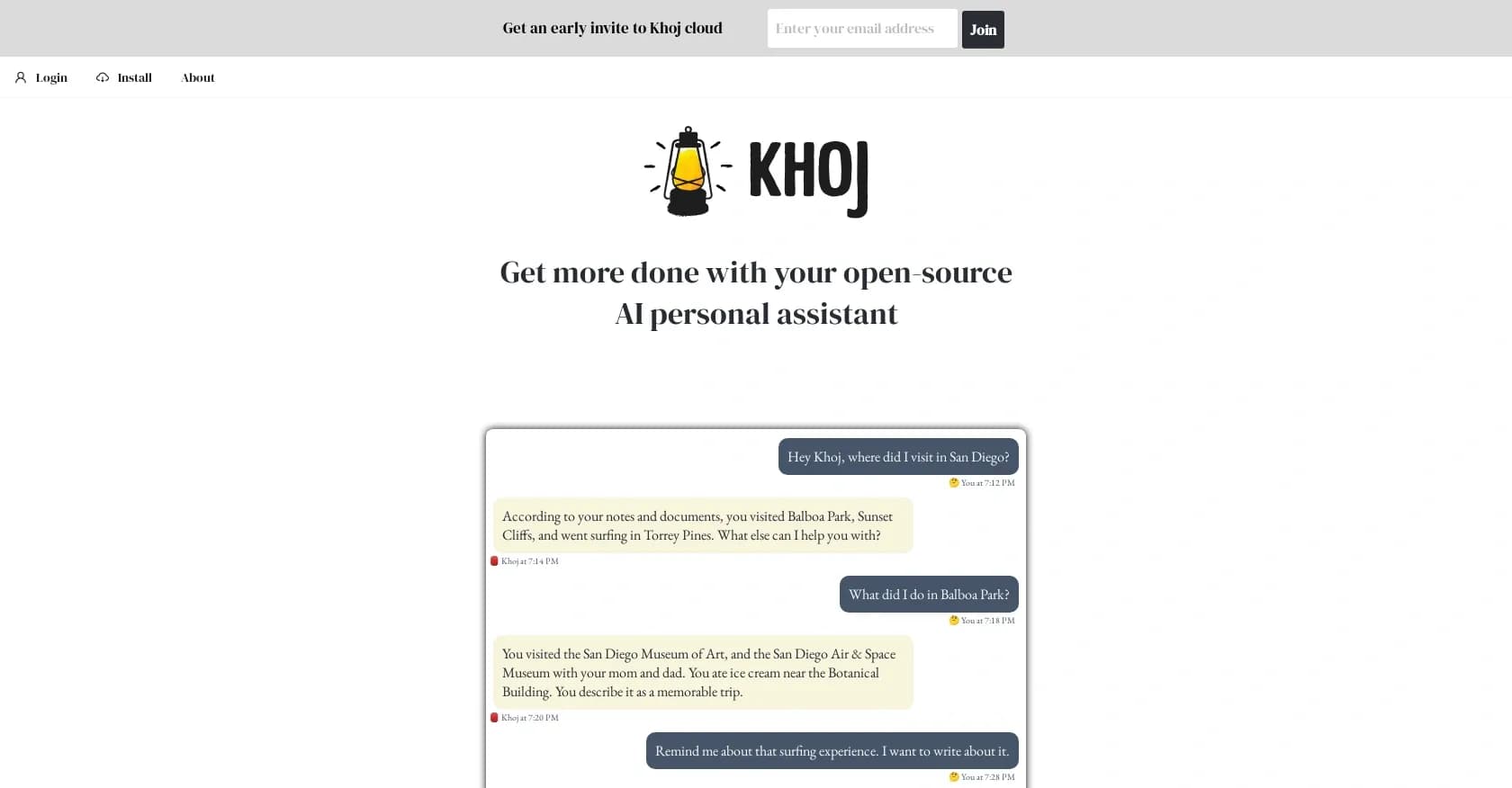 Khoj homepage screenshot — AI personal assistant for your digital brain.