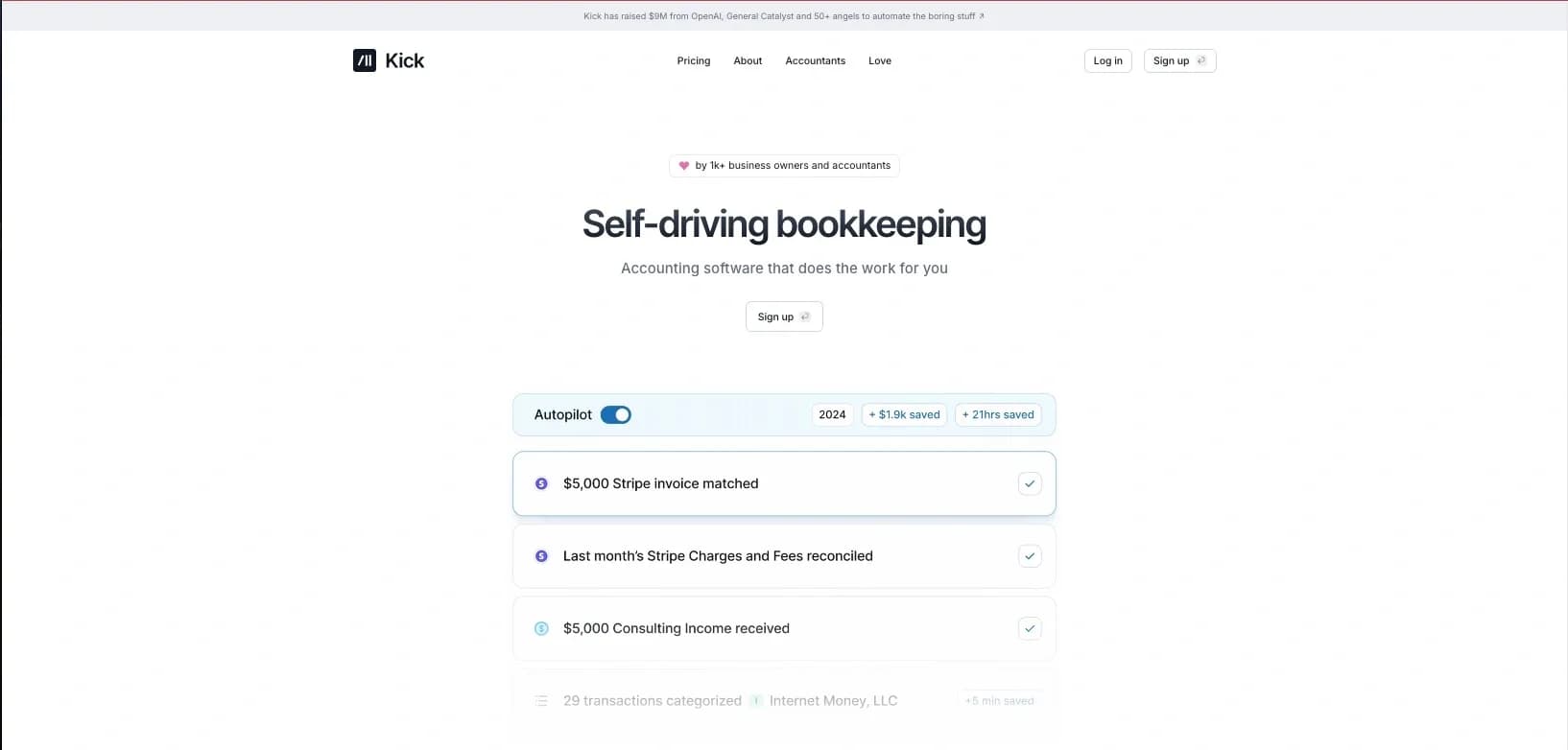 Kickv1.0 homepage screenshot — Accounting software that does the work for you