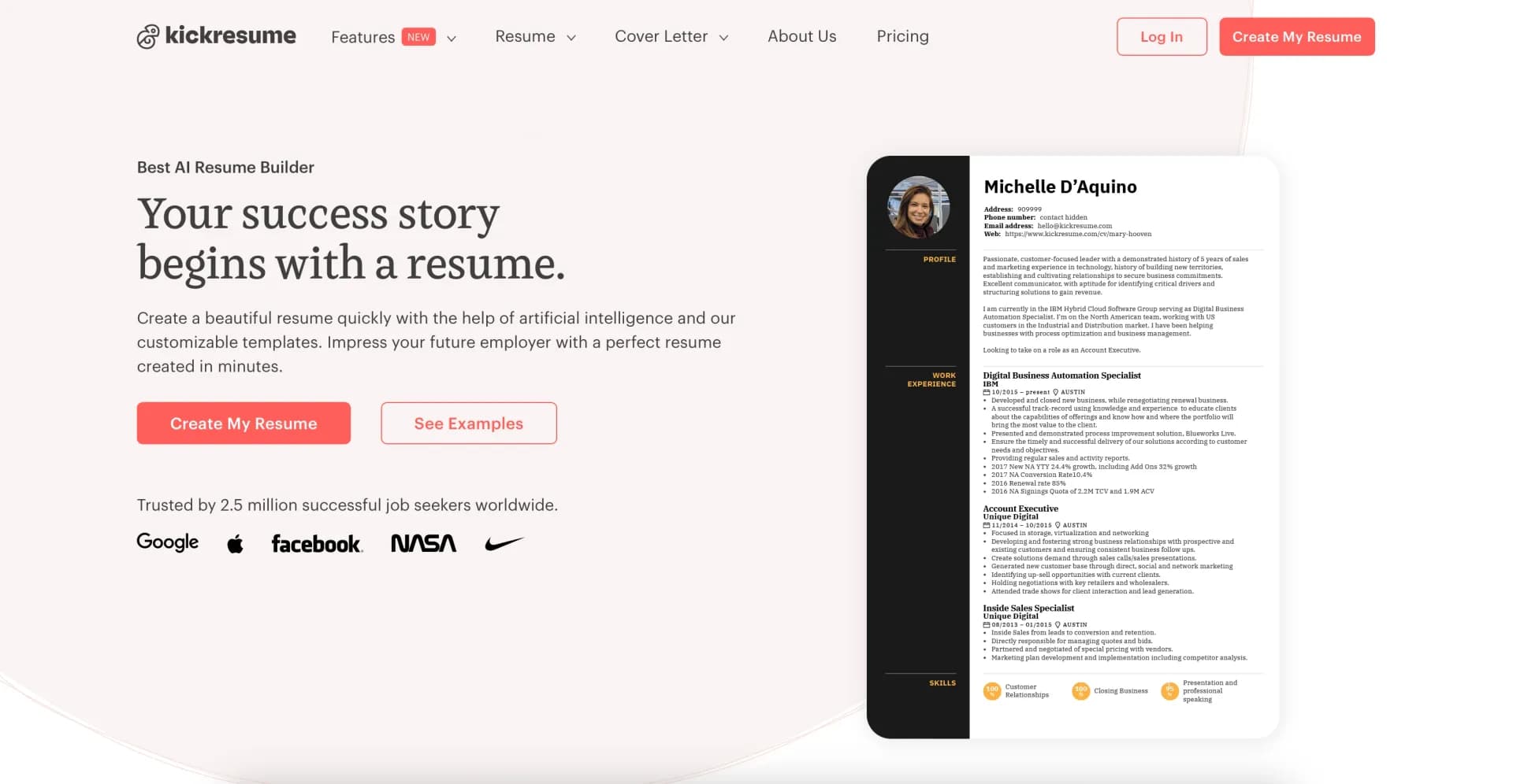 Kickresume homepage screenshot — Create standout resumes and cover letters online