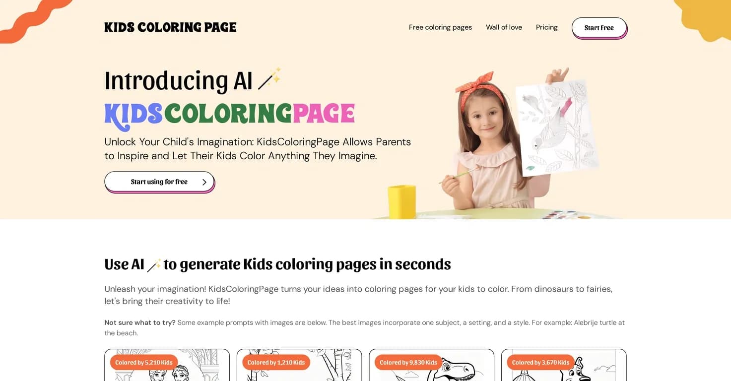 KidsColoringPage homepage screenshot — Turn ideas into coloring pages for kids instantly.