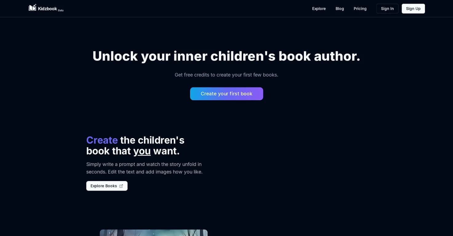 Kidzbook homepage screenshot — Create personalized children's books with AI