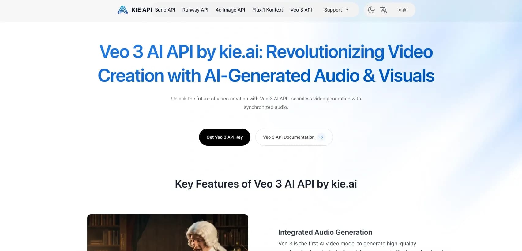 Kie.ai Veo 3 API homepage screenshot — AI-powered video creation with synchronized audio