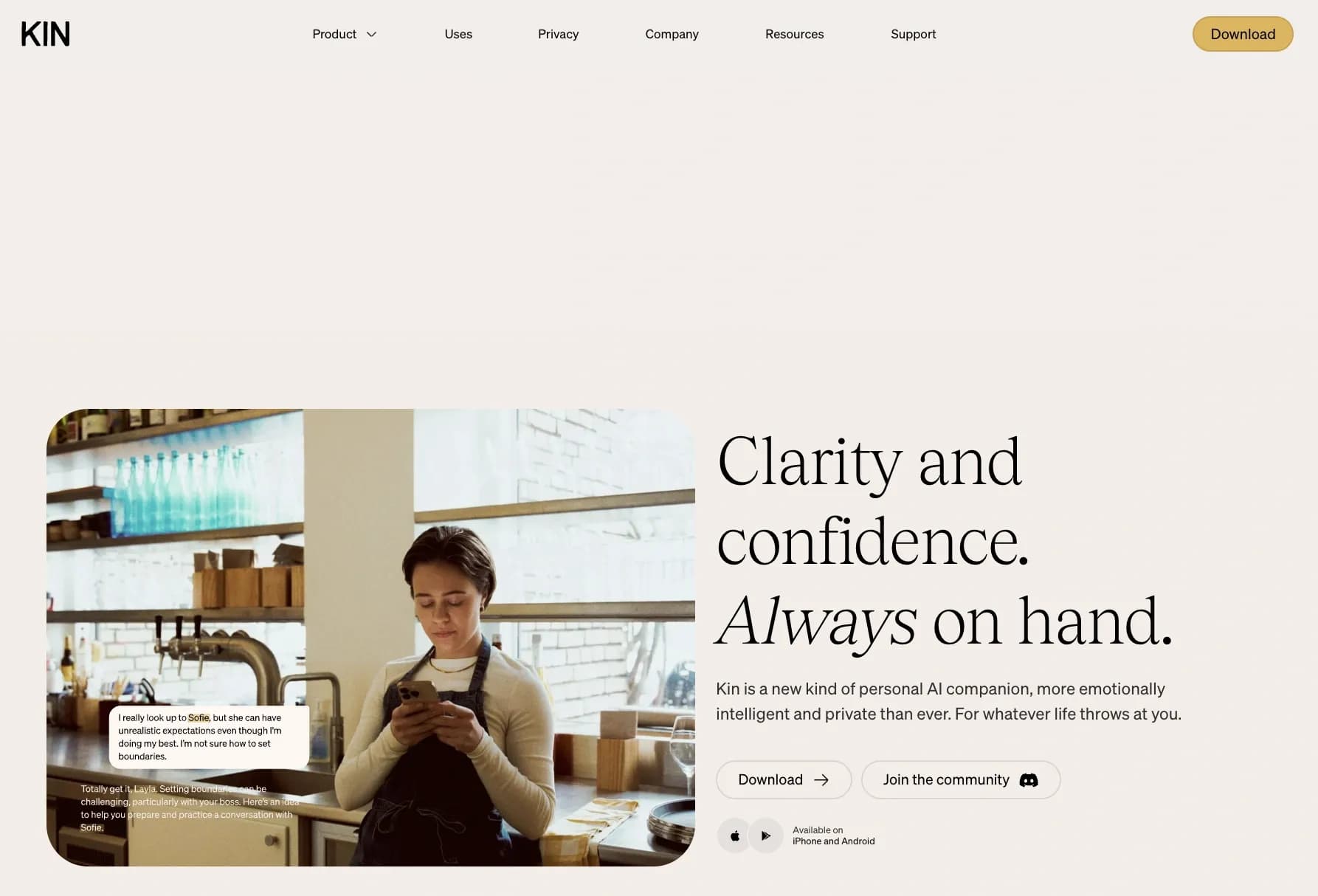 Kin - Personal AIv0.3.21 homepage screenshot — Privacy-first & designed your for mind, and life at work