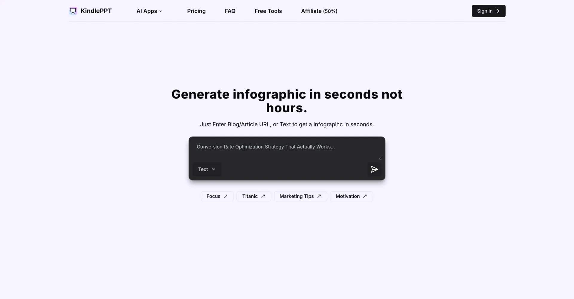 KindlePPT homepage screenshot — Generate infographics in seconds from text or URLs.