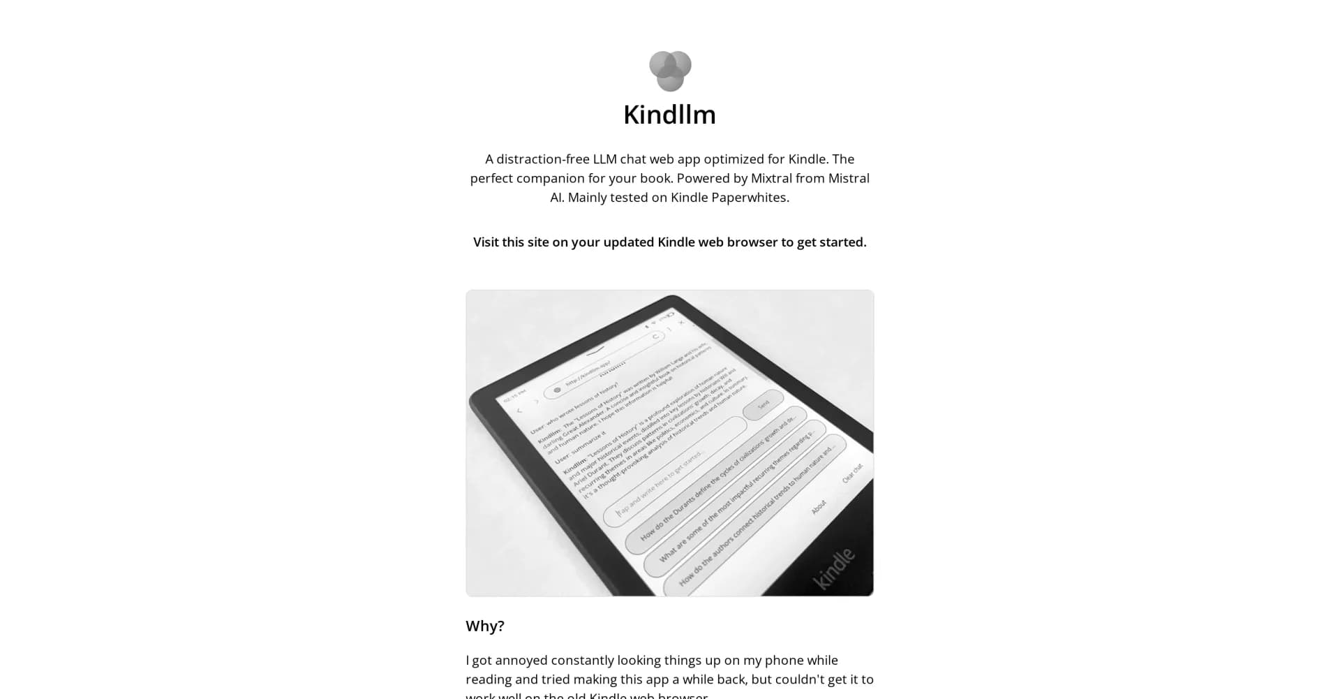 KindlLM homepage screenshot — Distraction-free LLM chat for Kindle readers