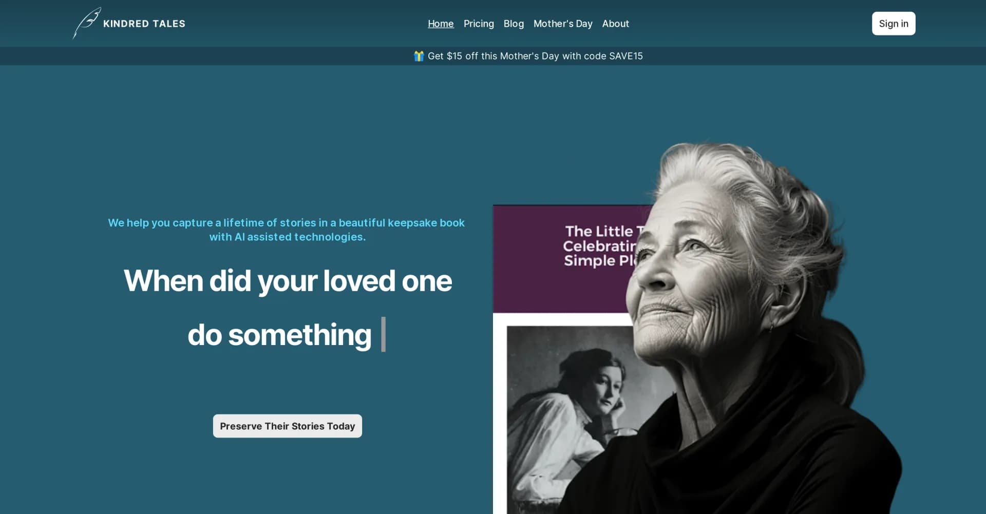 Kindred Tales homepage screenshot — Capture a lifetime of stories in keepsake books