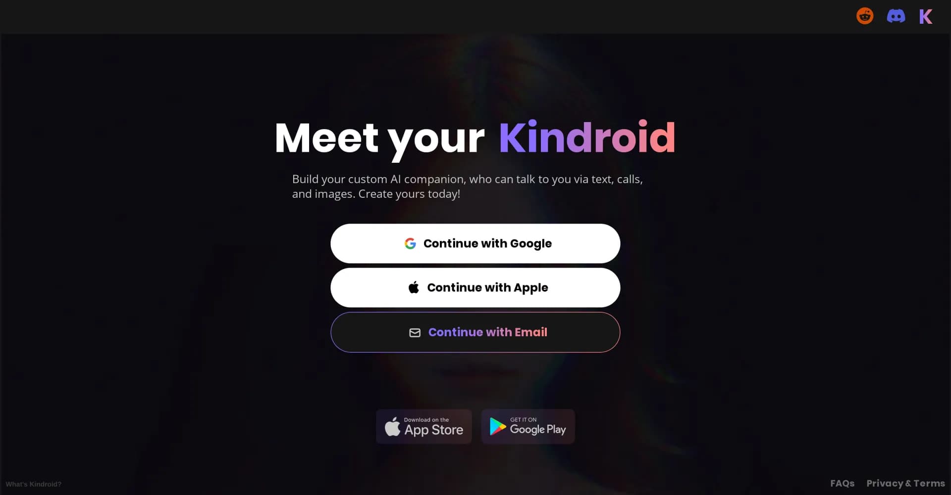 Kindroid homepage screenshot — Build your custom AI companion for text, calls, and images