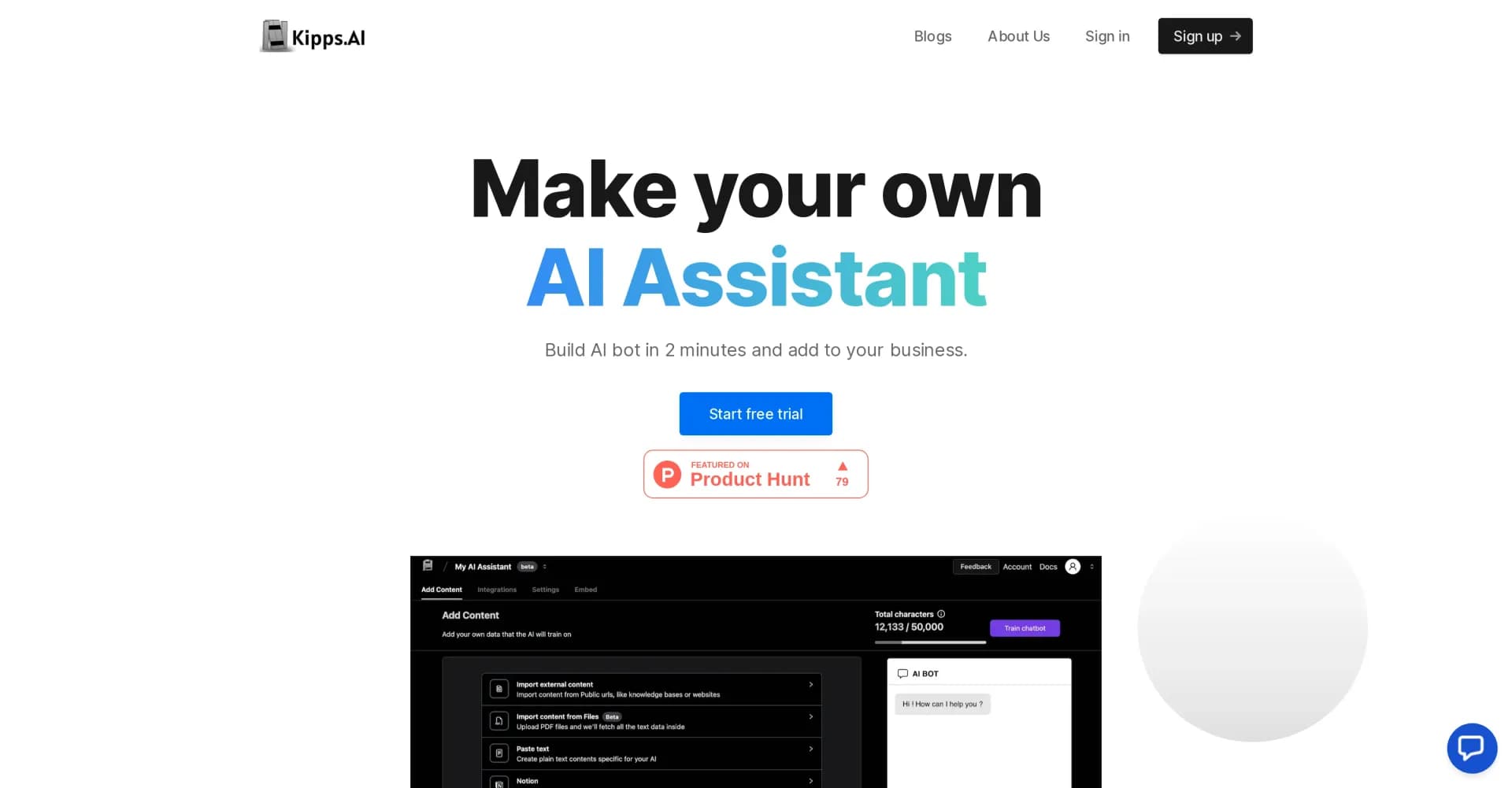 Kipps homepage screenshot — Create your own AI assistant in minutes.