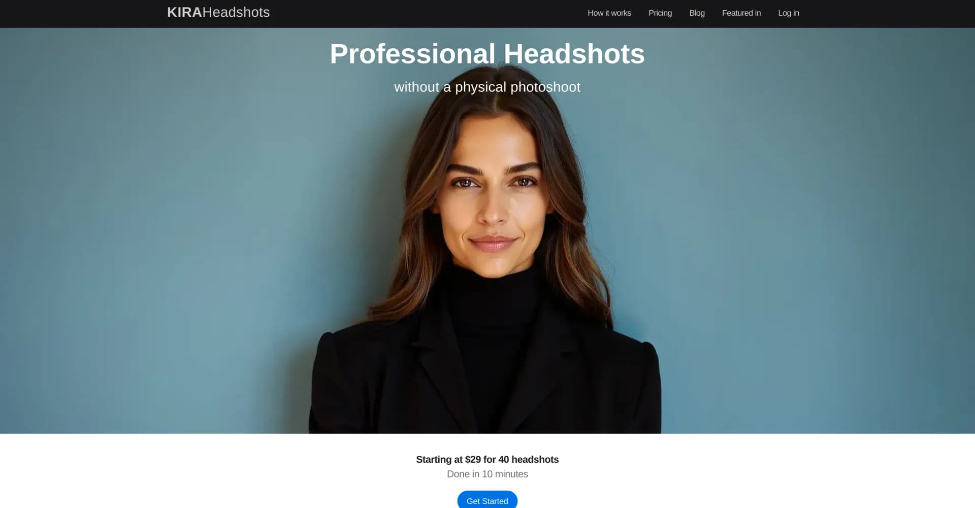 KiraHeadshots homepage screenshot — AI-powered professional headshots without a photoshoot