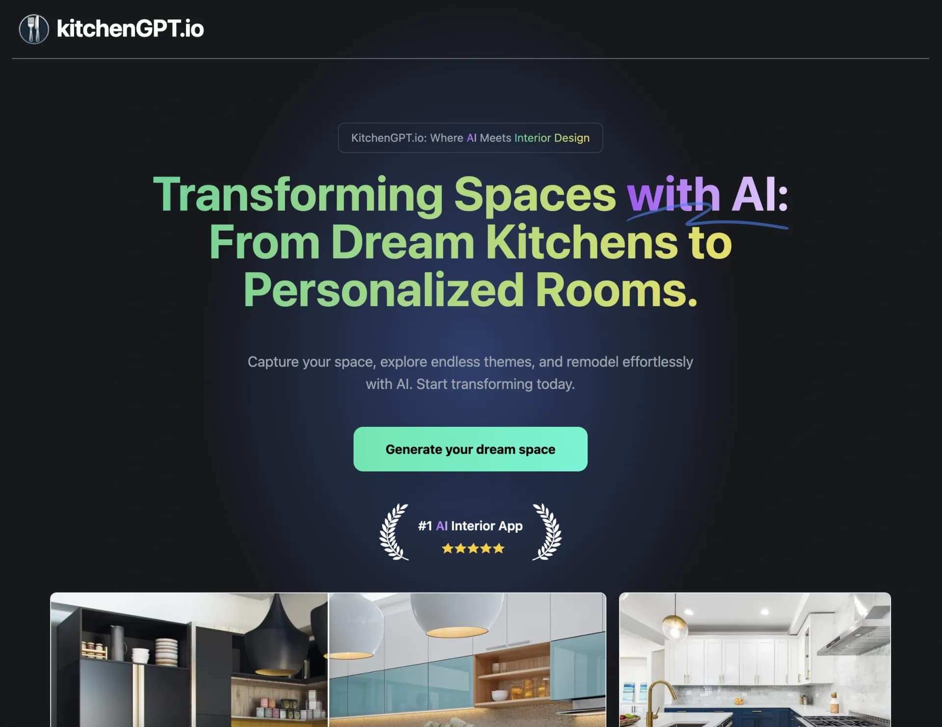 KitchenGPT homepage screenshot — #1 AI Interior Designer. Redesign your interior in seconds u