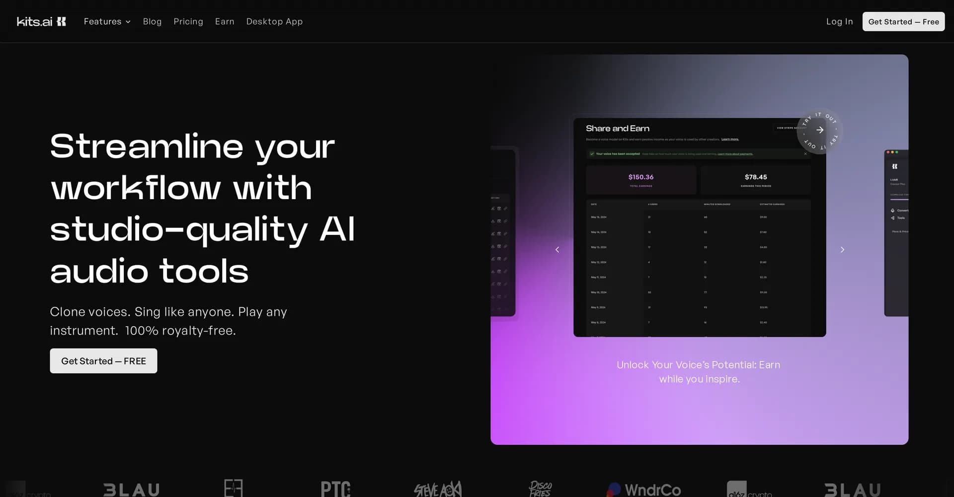 Kits AI homepage screenshot — AI audio tools for music production, 100% royalty-free.