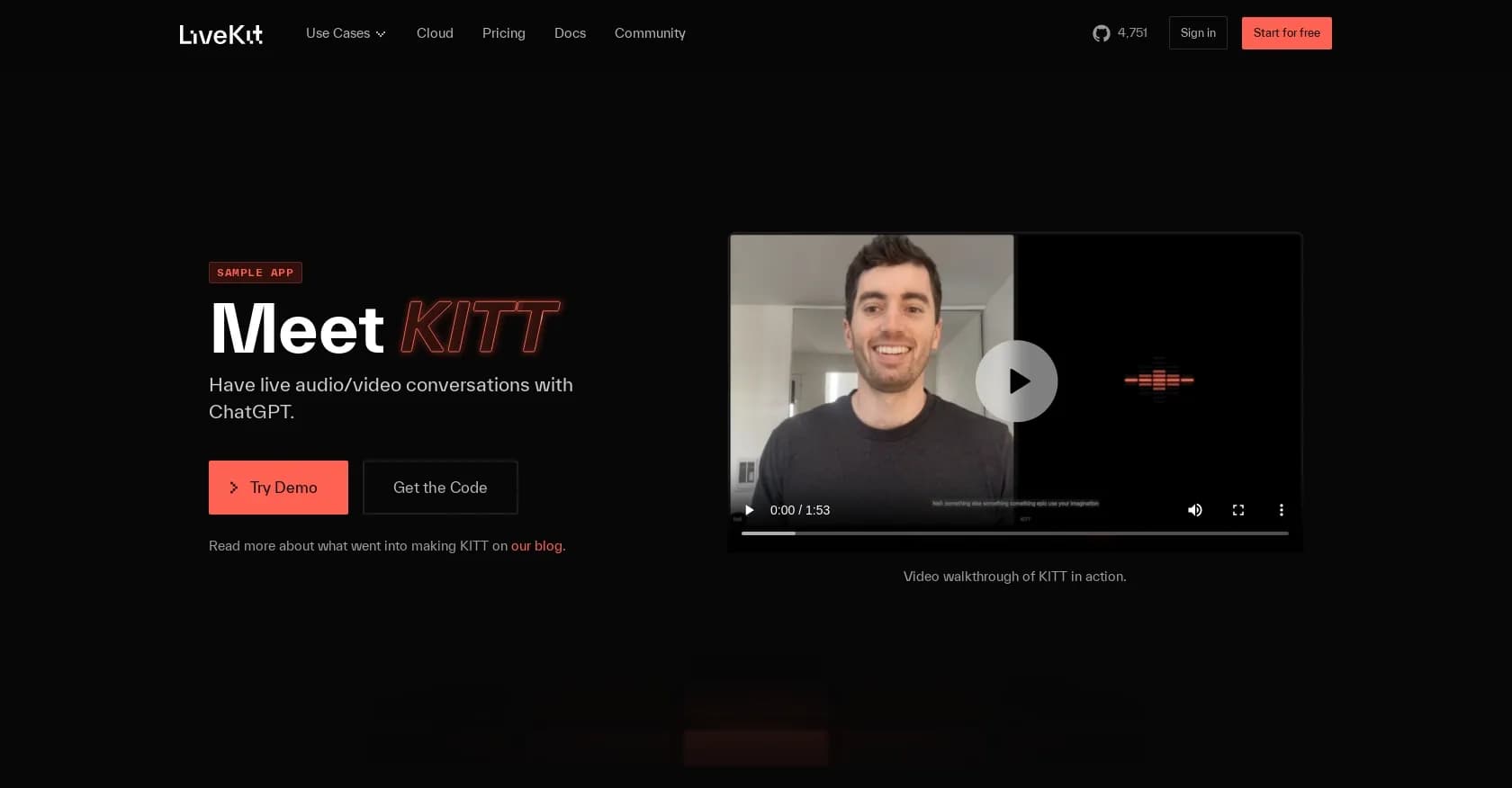 Kitt homepage screenshot — Live audio/video chats with ChatGPT